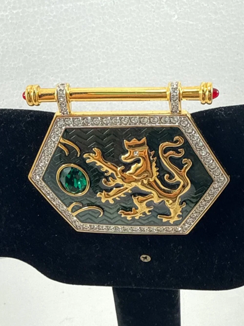 Vintage Swarovski Heraldic Lion Shield Brooch, 1990s, Swan Signed, Green Enamel